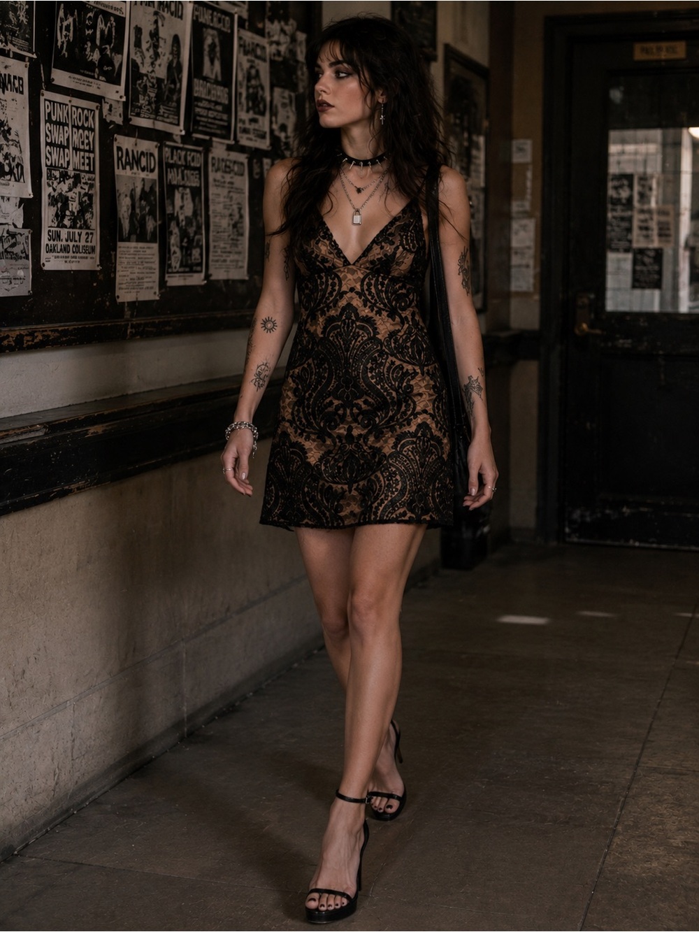 Free People Black Lace Overlay Mini Dress with Brown Underlay